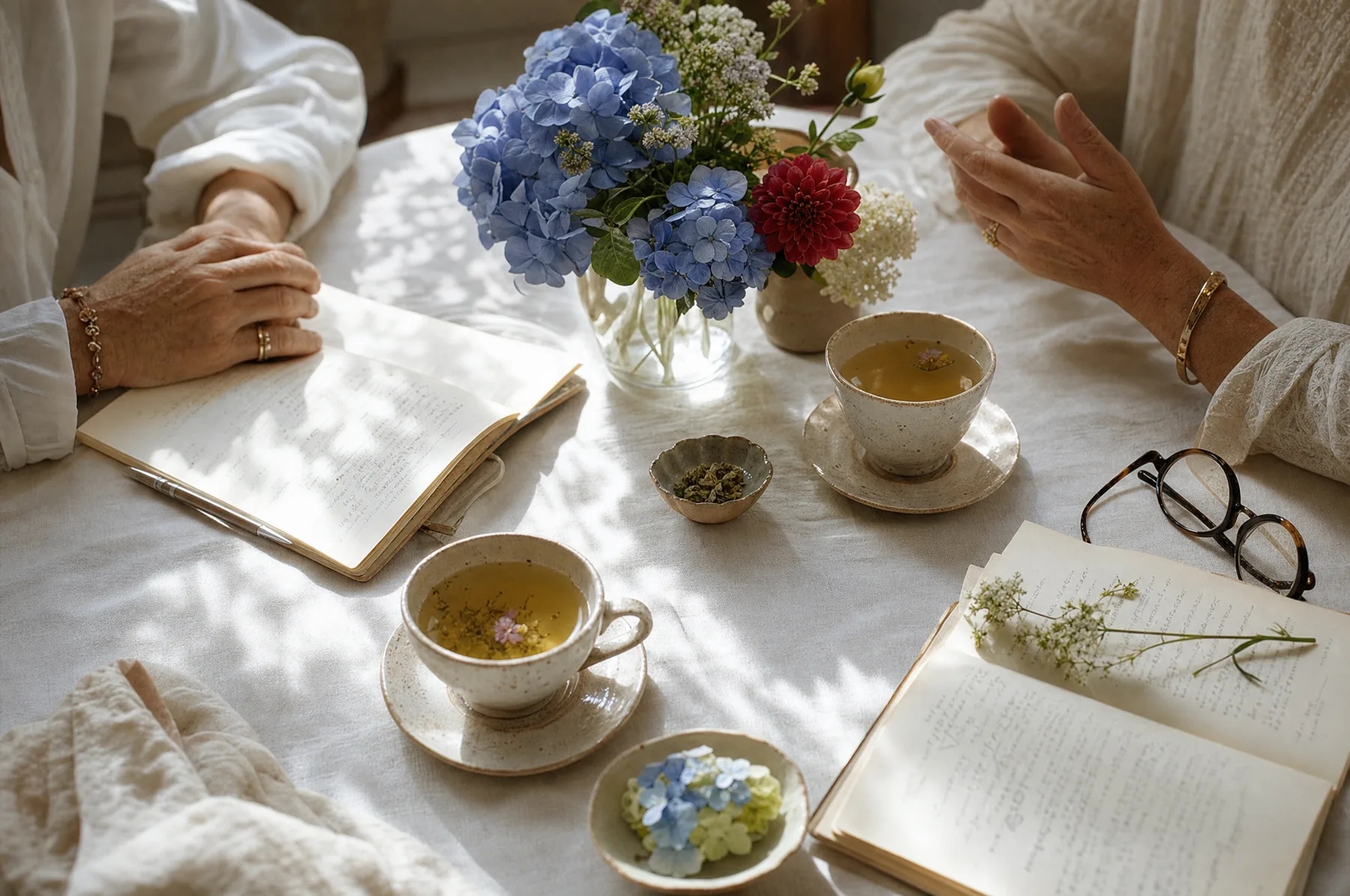 A sunlit table with teacups, notebooks, and garden hydrangeas during a gathering of women