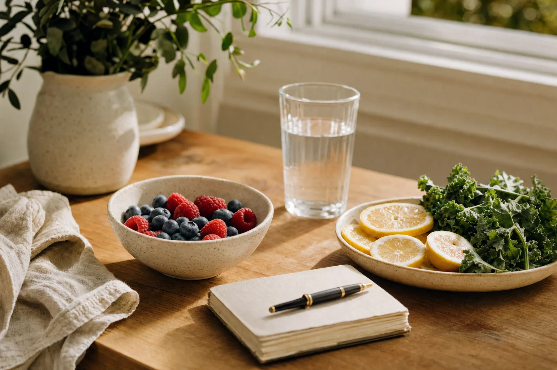 A kitchen table in morning light with fresh berries, greens, and a handwritten journal